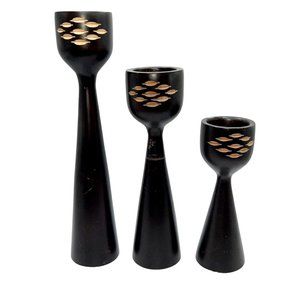 Vintage MCM Dark Teakwood Danish 3-Tiered Candle Holders Set of 3
